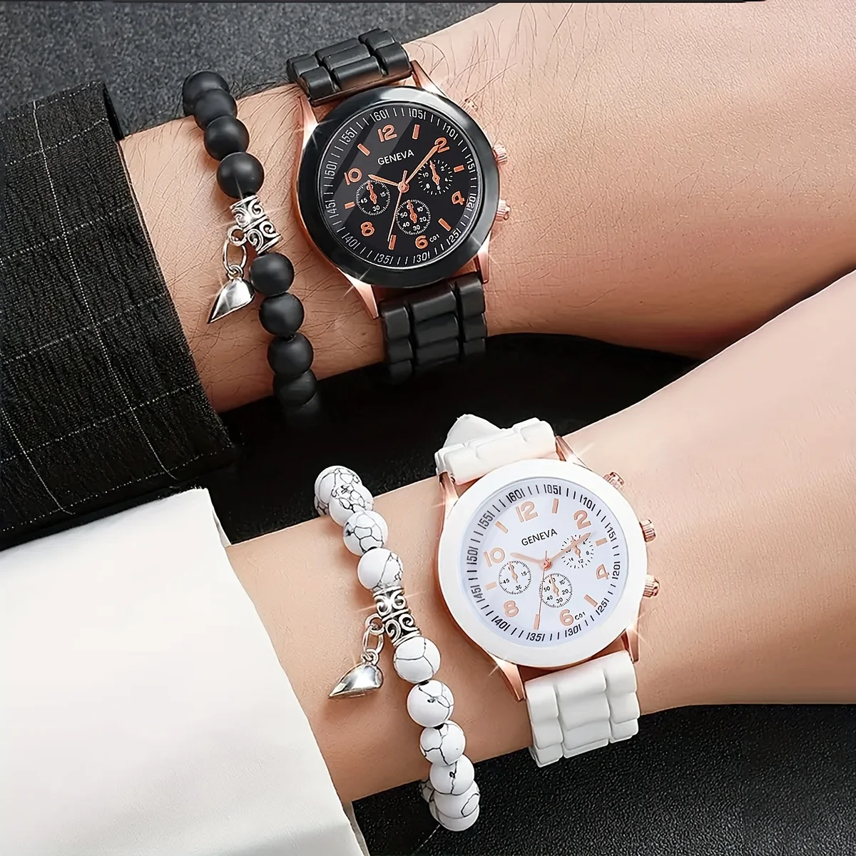 4pcs Fashionable, Minimalist, and Versatile Men AND WOMEN\'S Couple Watch Pairing with Love Bead Bracelet Set