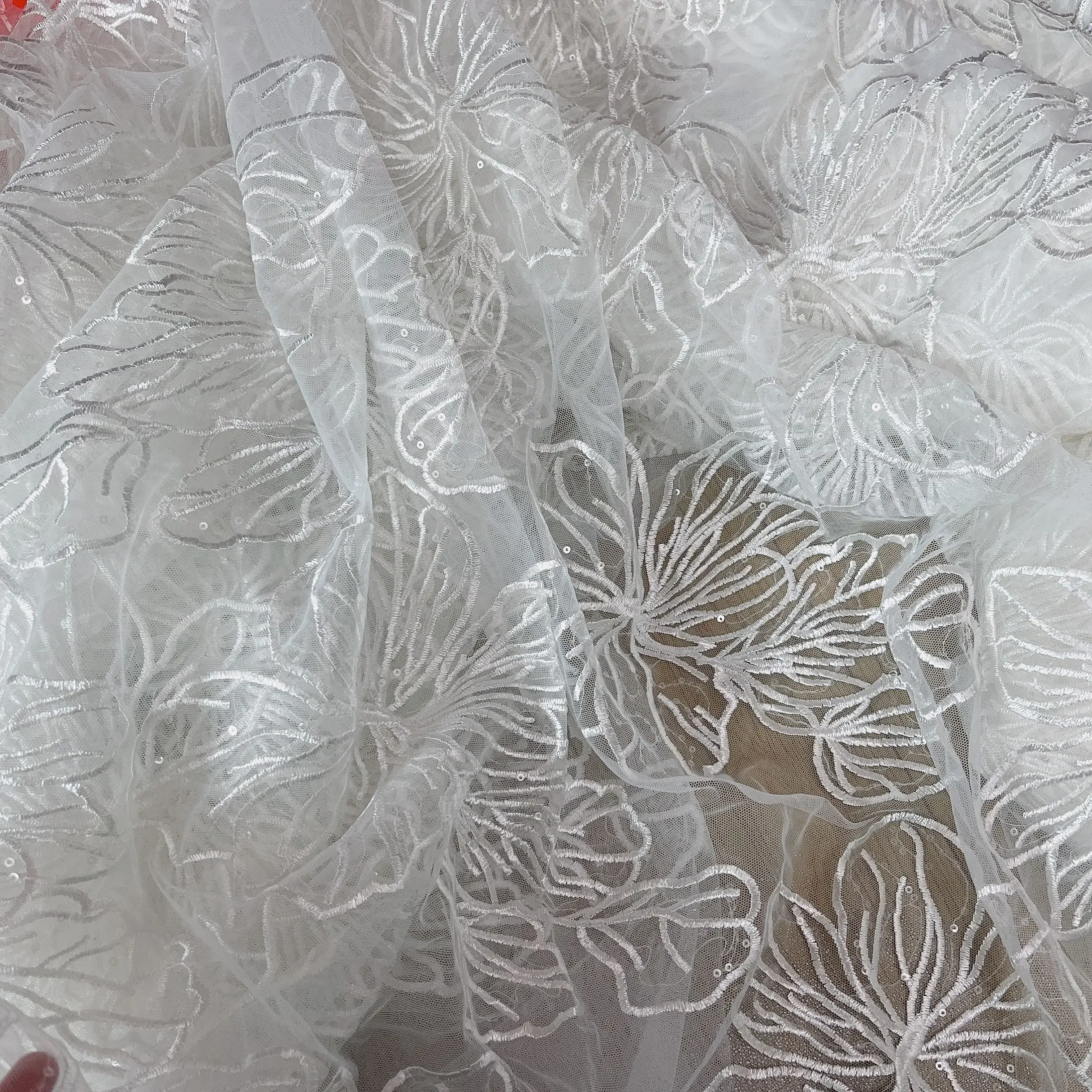 1yard white flowers hollow Net yarn fabric Sequin embroidery lace mesh fabric wedding dress skirt cloth DIY garment accessories