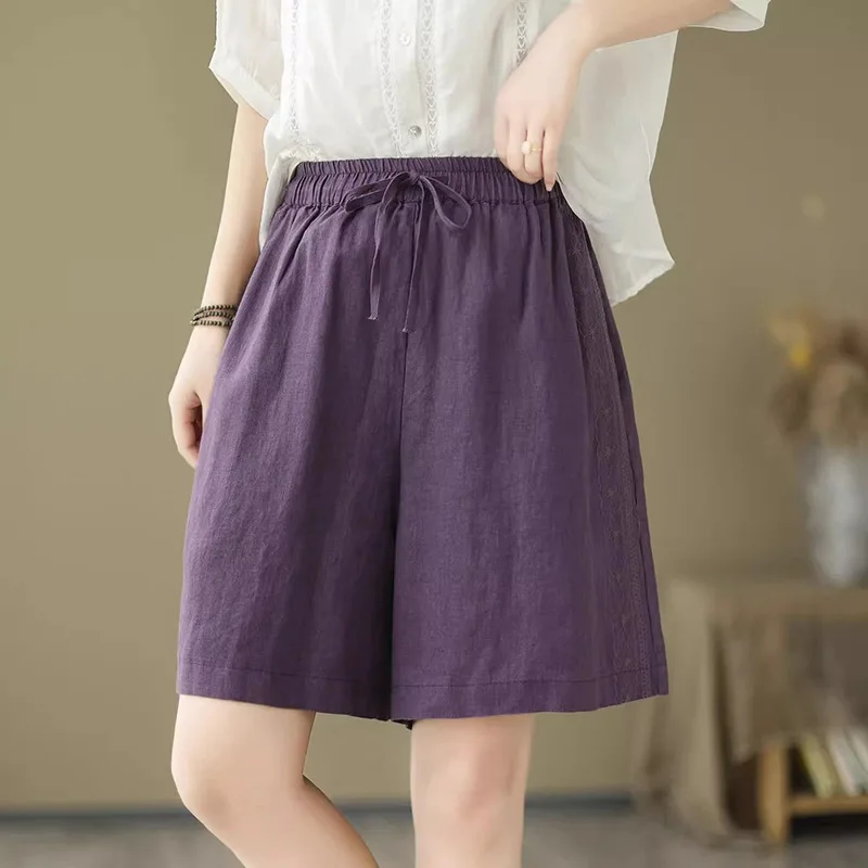 

Summer Fresh and Clean Rural Leisure Resort Style Comfortable Cotton Elegant Purple Women's Plus Size Thin Elastic Waist Shorts