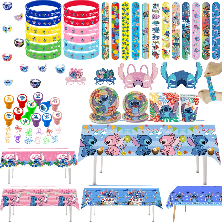 

Cartoon Stitch Party Decorations Disposable Tableware Paper Cups Cake Topper Slap Bracelets Stickers Tablecloth Fun Party Favors