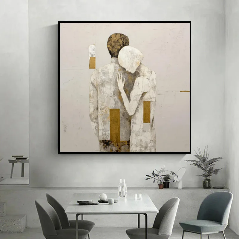 Beige White Simple Handmade Couple Hugs Oil Painting On Canvas Large Popular Brown Beige Mens Wall Art Items For Home Decor