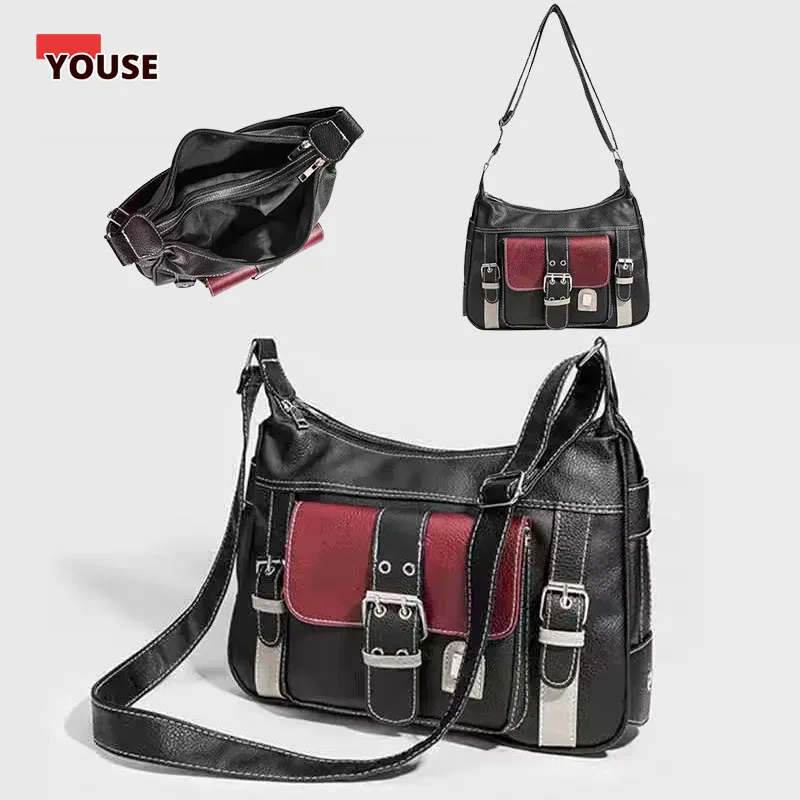 

Patchwork Shoulder Bags for Women Soft PU Leather Crossbody Bag Y2K Messenger Bag Street Cool Gilrs Armpit Bag Purses Traveling