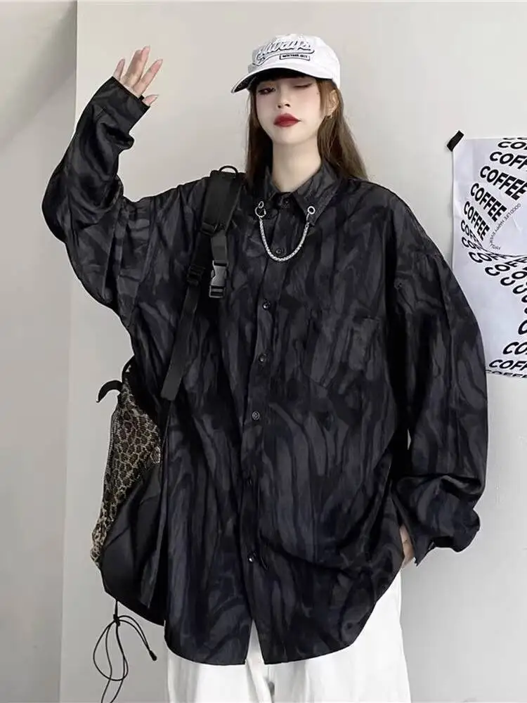 

2025 Autumn Women Shirts Tie Dye Shirt Jacket Unisex Dark Long Sleeve Shirts Streetwear Loose Versatile Casual Outerwear