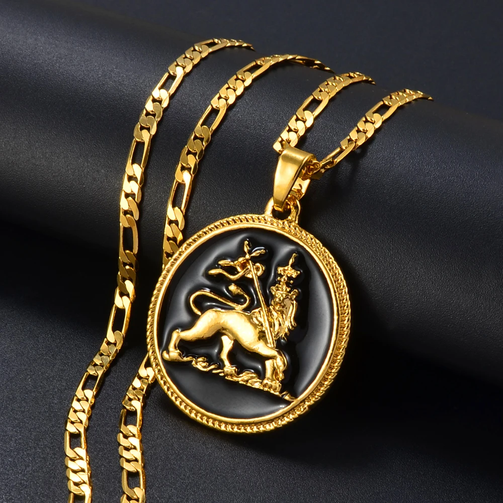 Anniyo 3.1CM Ethiopian Lion Pendant Necklace for Women Men the Lion of Judah Jewelry Charms Ethnic African Items #092706