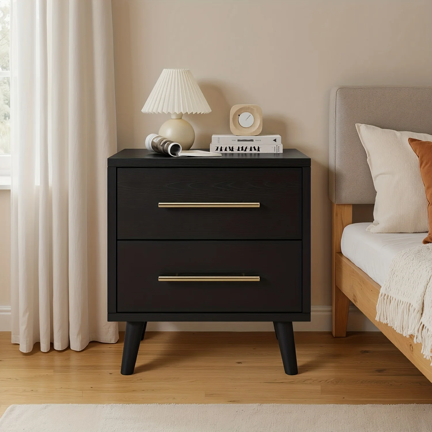 Nightstand, Bedside Table with Metal Handles, Modern Wood Night Stand 2 Drawer Dresser for Bedroom, White Nightstand