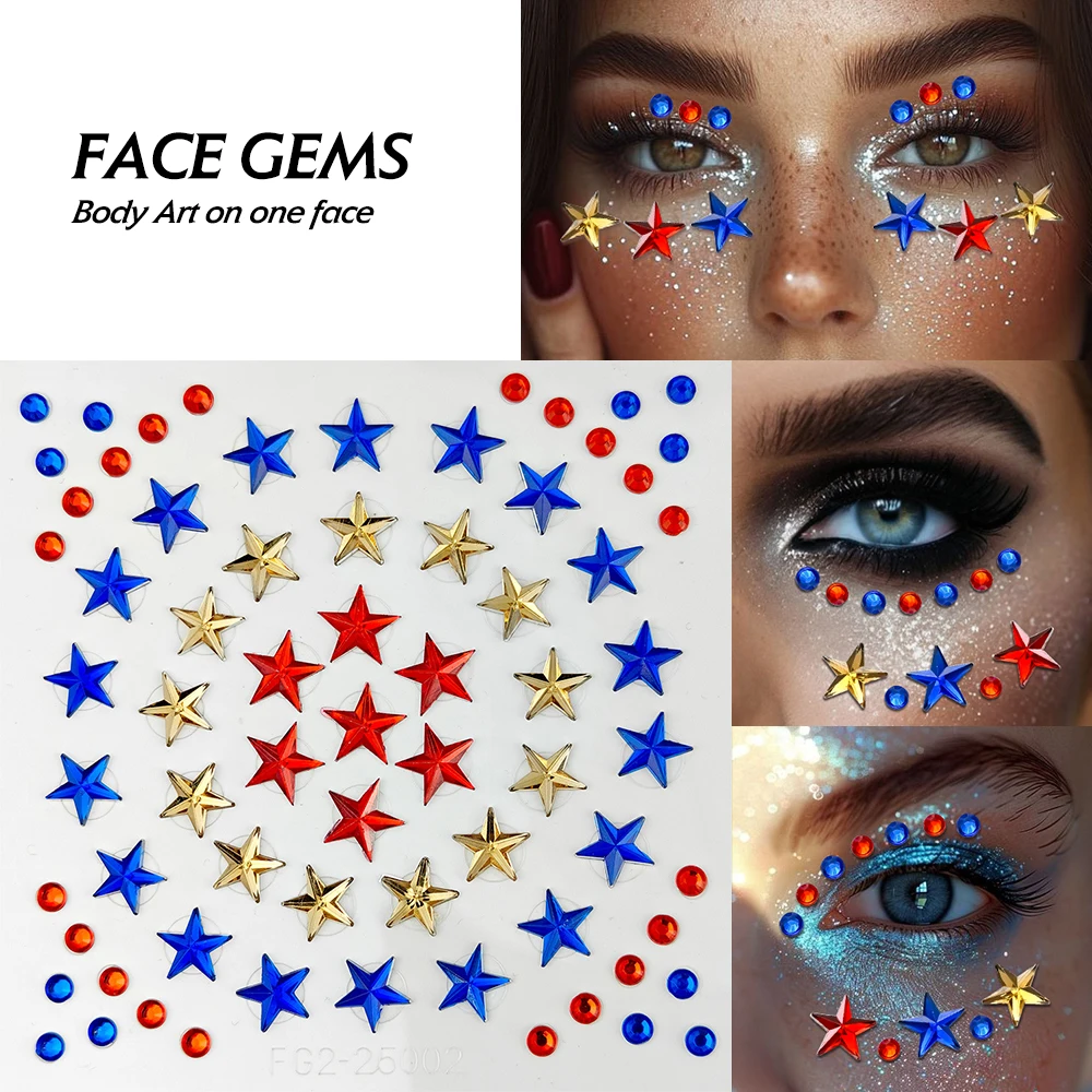 

1Sheet 3D Sparkle Star Face Stickers Red Blue Gold Pentagram Crystal Temporary Tattoos for Festival Party Body Art Decorations