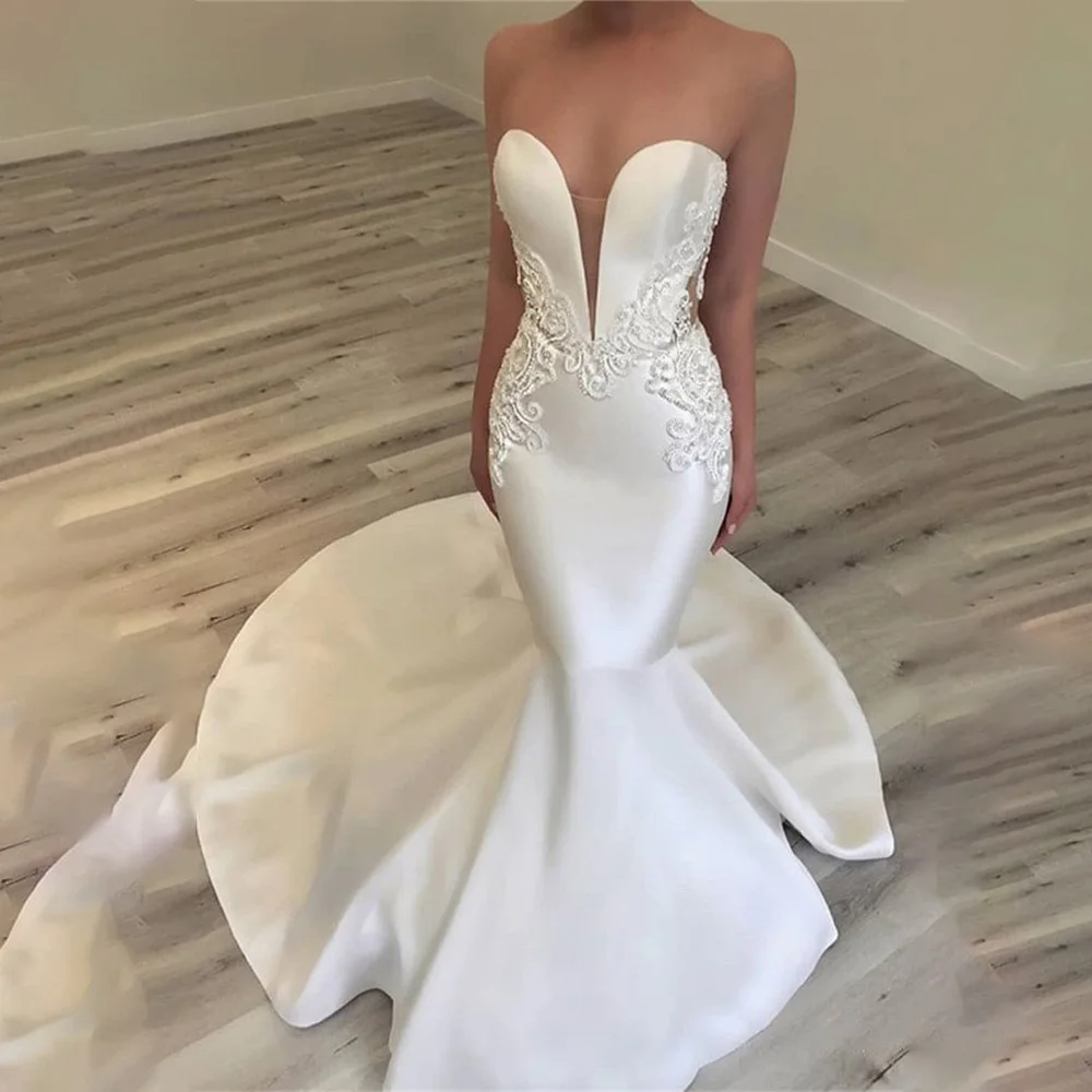 Vestidos de novia de sirena de satén con apliques de encaje con cuello en V Vintage, vestidos de novia formales hechos a medida, vestidos de novia formales