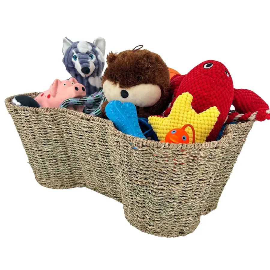 

Dog Toy Basket, Seagrass Bone Shaped Dog Toy Bin, Handmade Pet Organizer And Storage, Toy Box for Cats Large 22x14