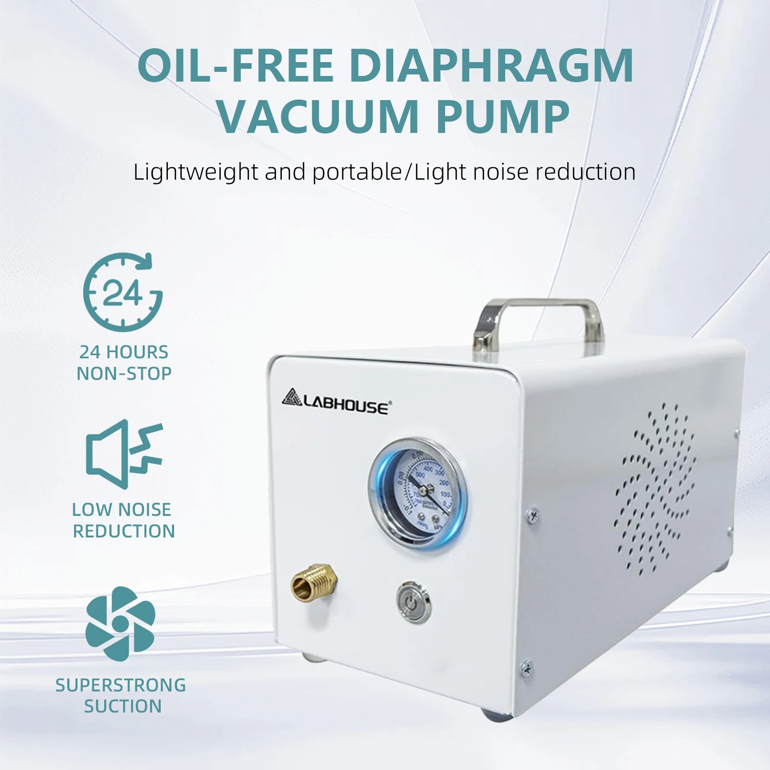 LABHOUSE VP-10E Lab Vacuum Filtration Pump, 10L/min, Negative Pressure Oil-free, Diaphragm, Portable, Fixed Pressure, Water Separator & Rubber Tube Included, for Lab Vacuum & Filtration