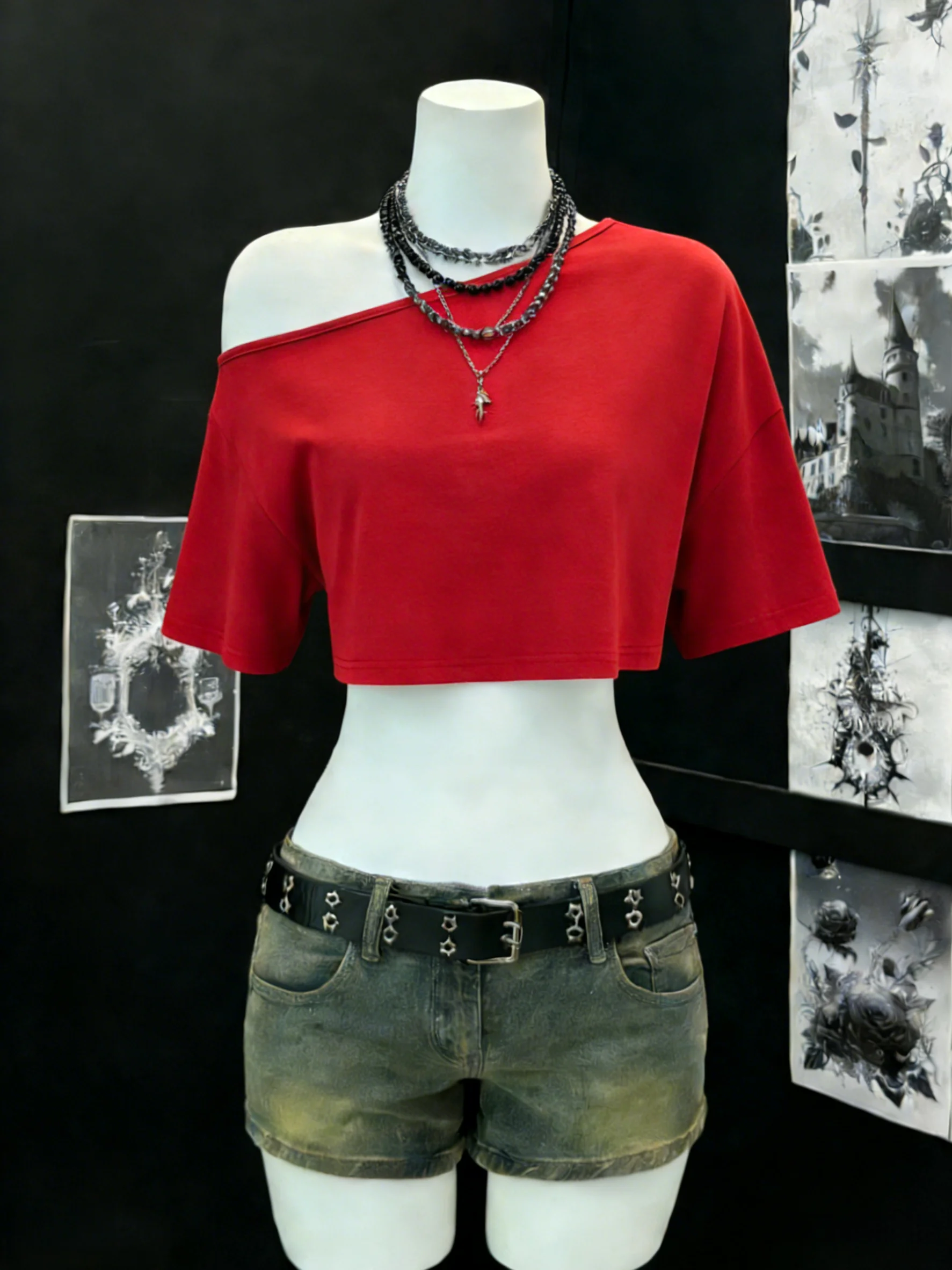 Damen One-Shoulder Kurzarm Crop-Top Asymmetrischer Ausschnitt Hochelastisches Weiches Leichtgewicht-Gewebe Locker Sitzend Y2K Alltag Ausgehzubehör – Detail 1