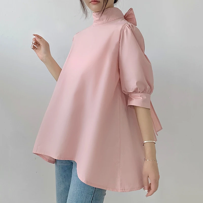 Chic Korean Puff Short Sleeve Bow Blouse Women Spring Summer Solid Color Shirt Vintage Loose Cute Tops