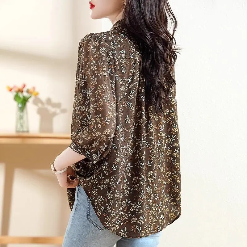 Women\'s Vintage Floral Print Button Shirt Spring Summer Fashion Turn Down Collar 3/4 Sleeve Blouse Chic Loose Casual Tops Blusas