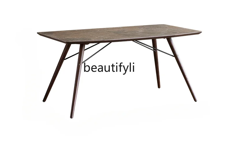 

Nordic medieval wabi-sabi wind slate oak solid wood legs dining table Italian designer dining table