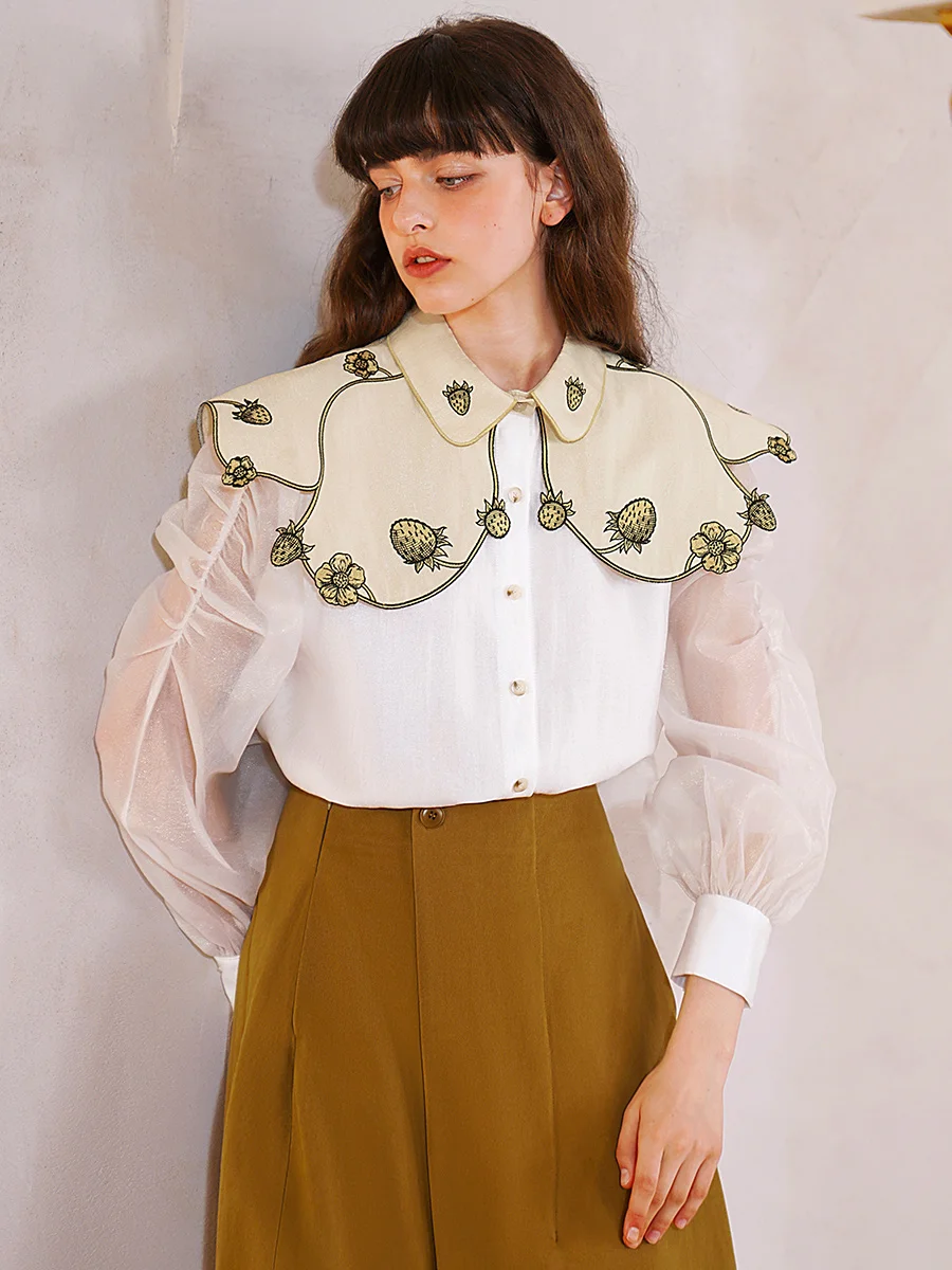 Women's Strawberry Plant Embroidered Collar Shirt, Autumn