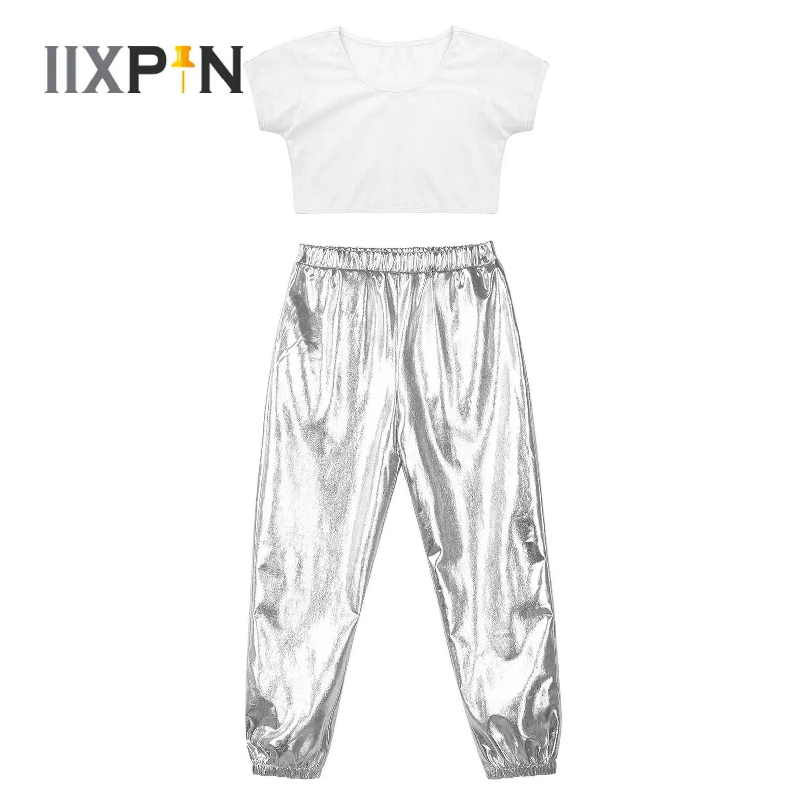 

Kids Girls Hip Hop Street Dance Costume Short Sleeves T-shirt Crop Top+Metallic Pants for Cheerleading Jazz Dancing Performance