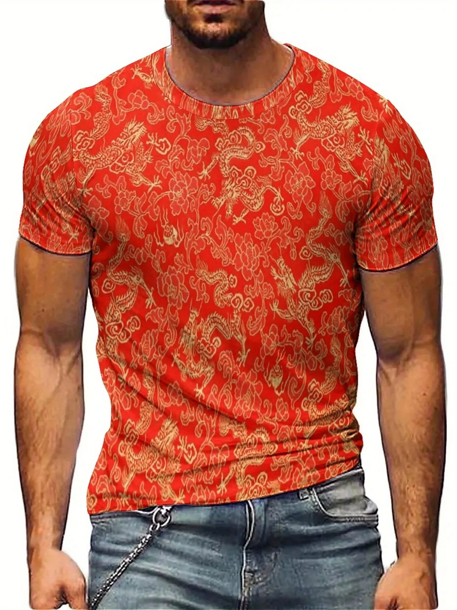 

Men'S Summer 3D Print Dragon & Floral Pattern T-Shirt - Red Short Sleeve Tee with Golden & Orange Design, Sporty Crew Neck