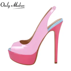 Onlymaker Pink Patent Leather Peep Toe Platform Stilettos Sandals Thin Heel Sexy Buckle Strap Party Slingback Sandals