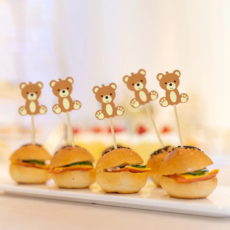 20pcs Cute Bear Disposable Bamboo Buffet Food Picks Cartoon Dessert Fruit Forks For Birthday Baby Shower Party Cake Sticks Decor