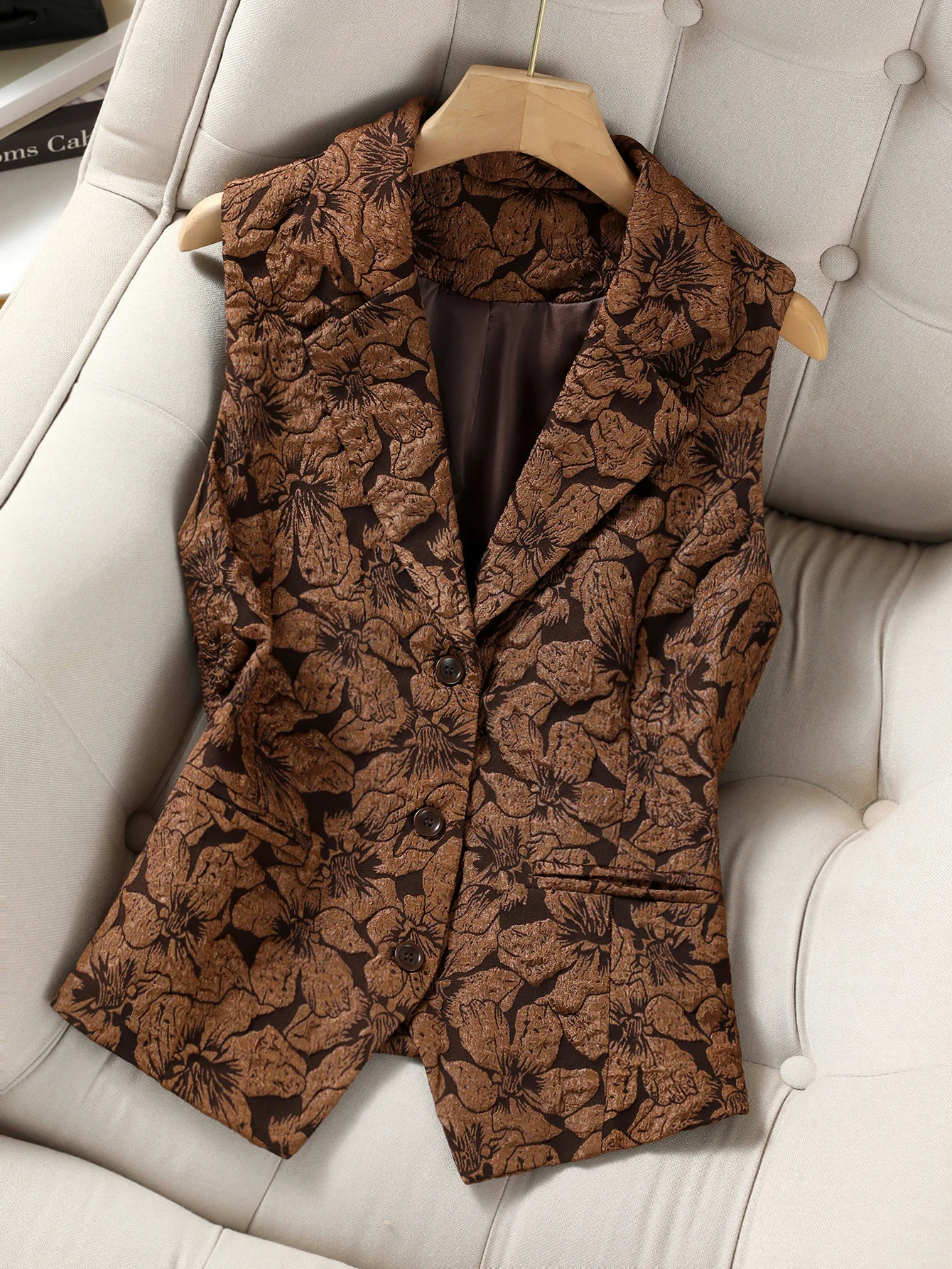 Women's Sleeveless Jacquard Blazer Vest, Vintage Floral Print Button Down Waistcoat, Elegant Brown Suit Vest for Layering