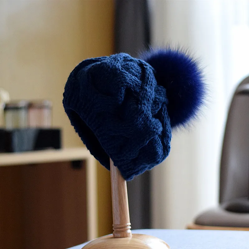 Autumn and Winter Fox Wool Ball Wool Cap Children's Korean Fried Dough Twists Pattern Beret Warm Knitting Hat