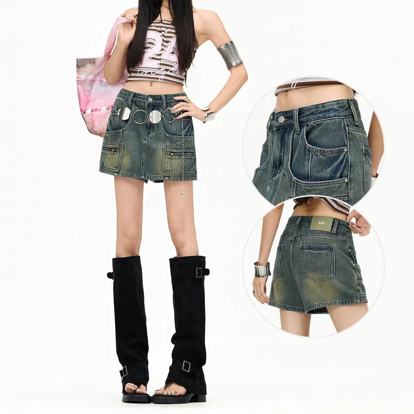 American Vintage Fashion Summer Women Retro Blue Solid Slim Multi Pocket Casual Simple Basic A-line Denim Skirts Female Clothes