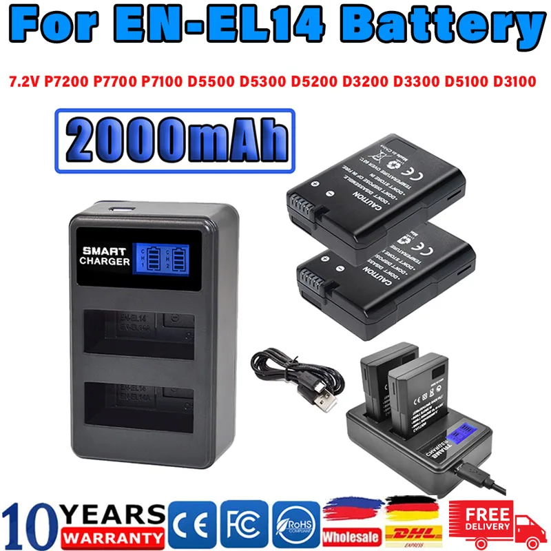 BATTOOL EN-EL14 EN-EL14A ENEL14 2000mAH 7.2V bateria dla nikona D3100 D3200 D3300 D3400 D3500 D5100 D5200 + podwójna ładowarka USB LED