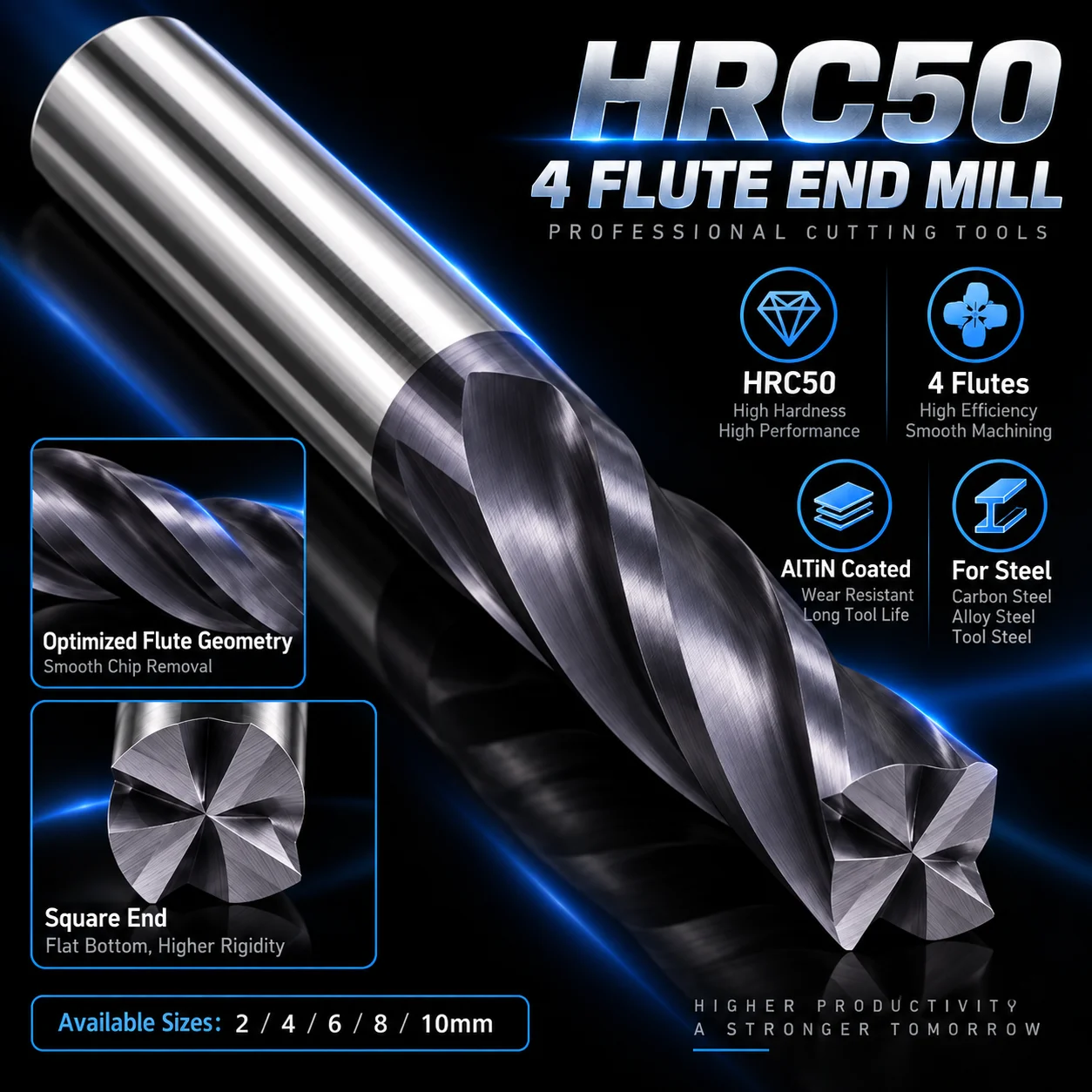 HRC50 4-Schneiden AlTiN-beschichtete Hartmetall-Quadratfräser 1,5 2 4 6 8 10 mm Flachboden-CNC-Fräser für Stahl – Detail 1