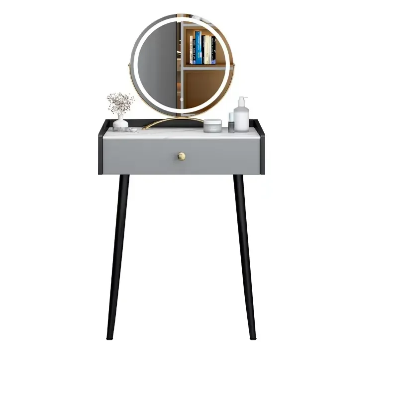 Modern LED Makeup Vanity Table with Mirror Grey Wooden Dresser Cabinet Luxury Bedroom Furniture Storage Desk