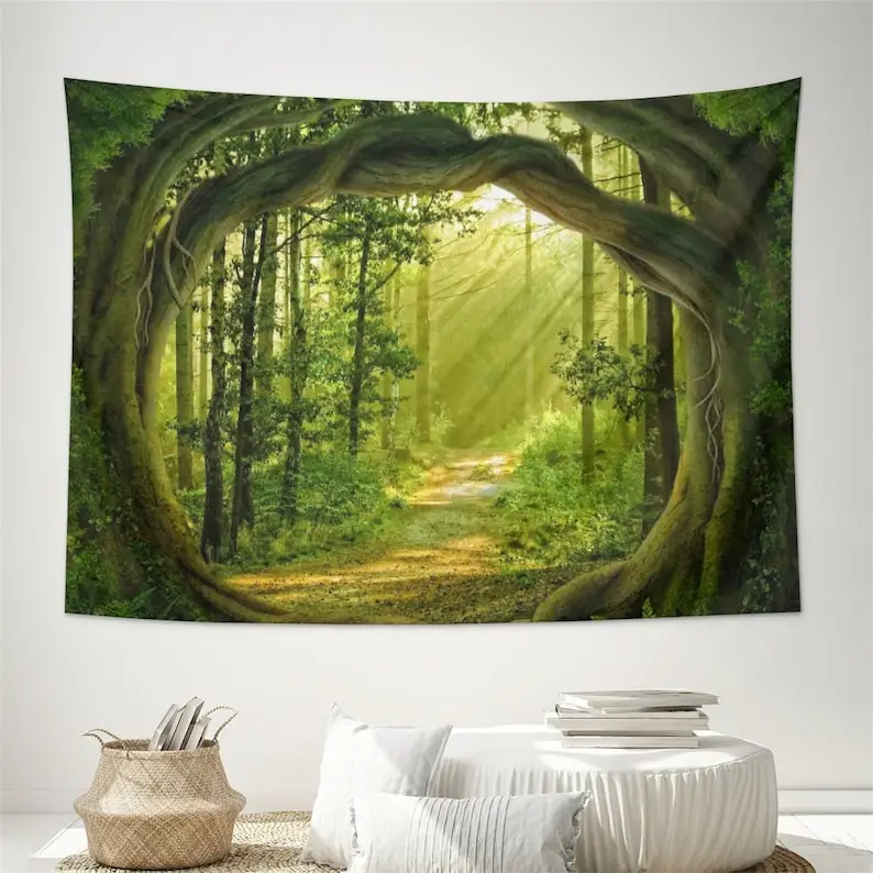 

Forest Tapestry Nature Tree Cave Tapestry Wall Hanging Misty Forest Tapestry Through Rainforest Landscape Wall Tapestry