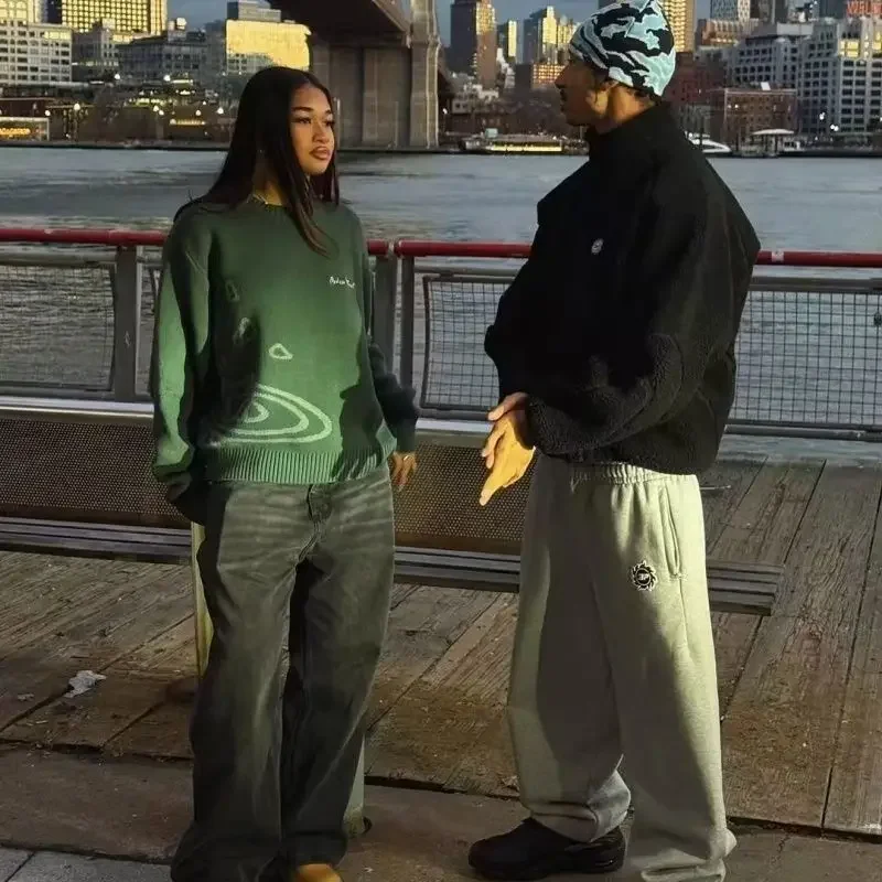 ストリートウェア プラネット ジャカード刺繍ロゴ クルーネックセーター メンズ レディース カップル カジュアル ニット ジャンパー