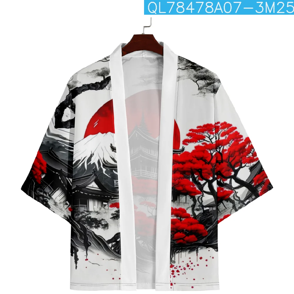 Fashion Retro Men's Kimono Jacket Seven Sleeve Open Front Cardigan Coat Bathrobe Kimono Cardigan Shirt