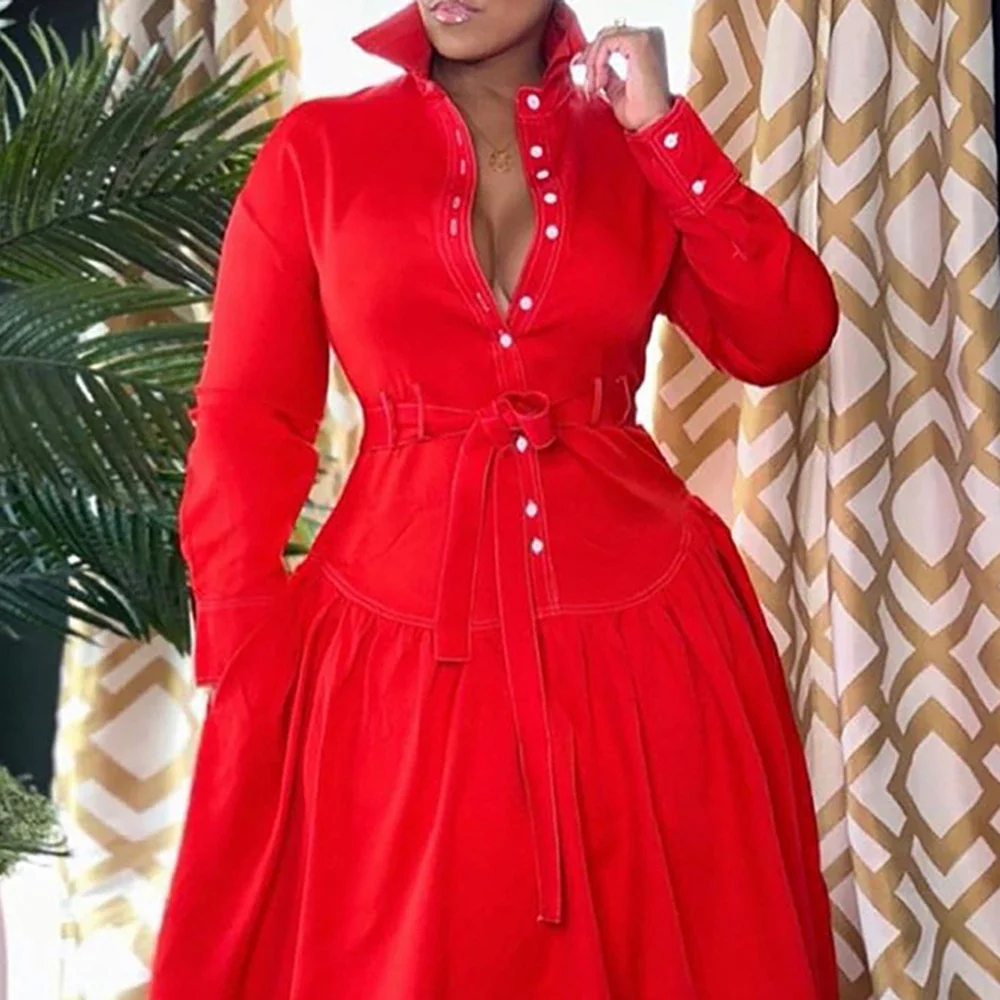 Plus Size Half Christmas Red Women\'s Dress Fashion Button Up Stand Up Collar Long Sleeve Pocket Party Midi Dress