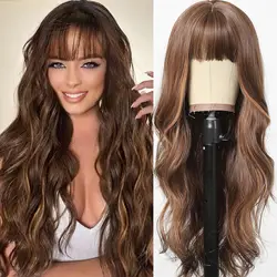 LOUIS FERRE Brown Highlights Wavy Wig With Bangs Long Curly Natural Hair for Women Girls Daily Use Heat Resistant Fiber Wigs