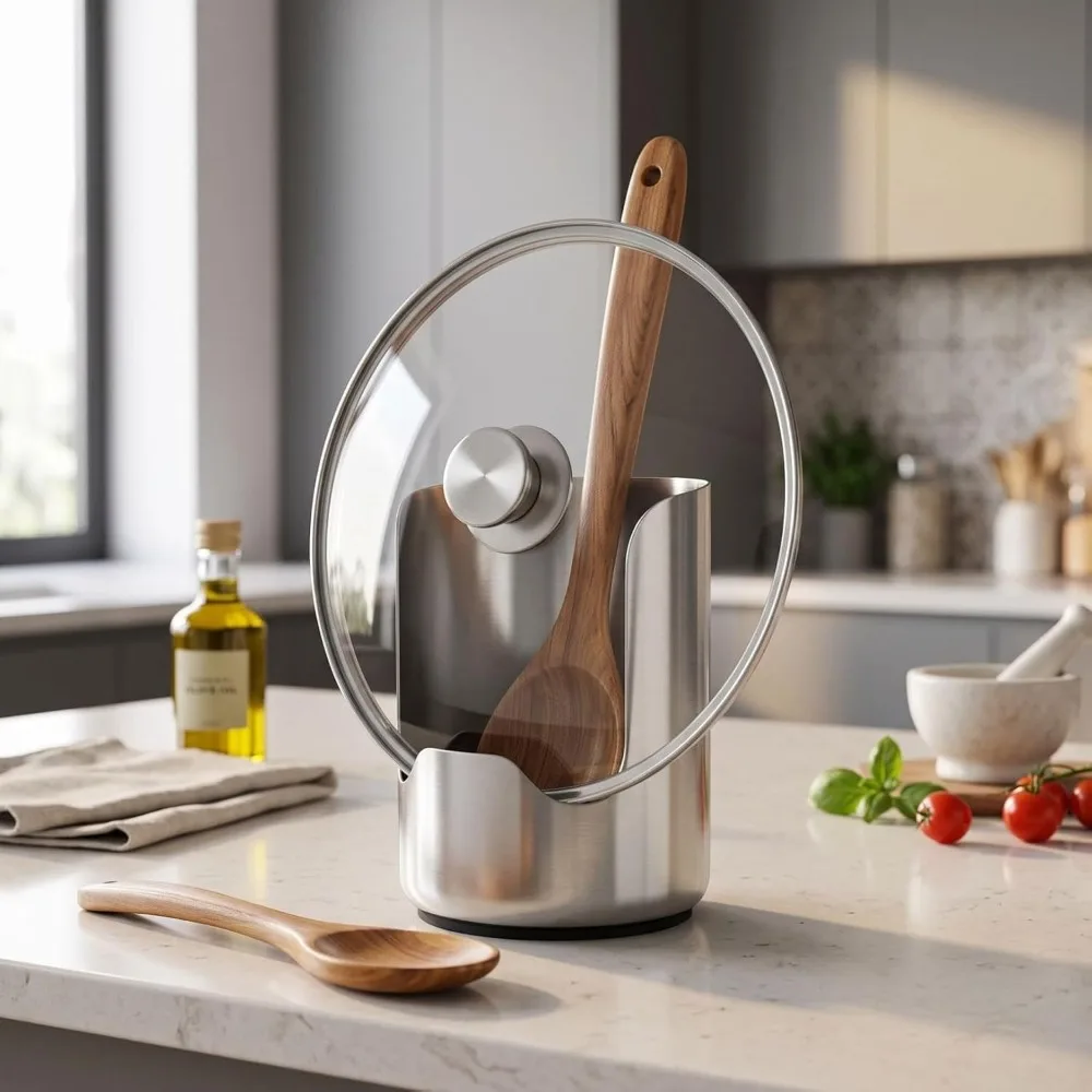 2 In1 Multi-functional Kitchen Utensil Holder, Heavy Duty Stainless Steel Pot Lid &Spoon Rack, Space Vertical Stand for Spatulas