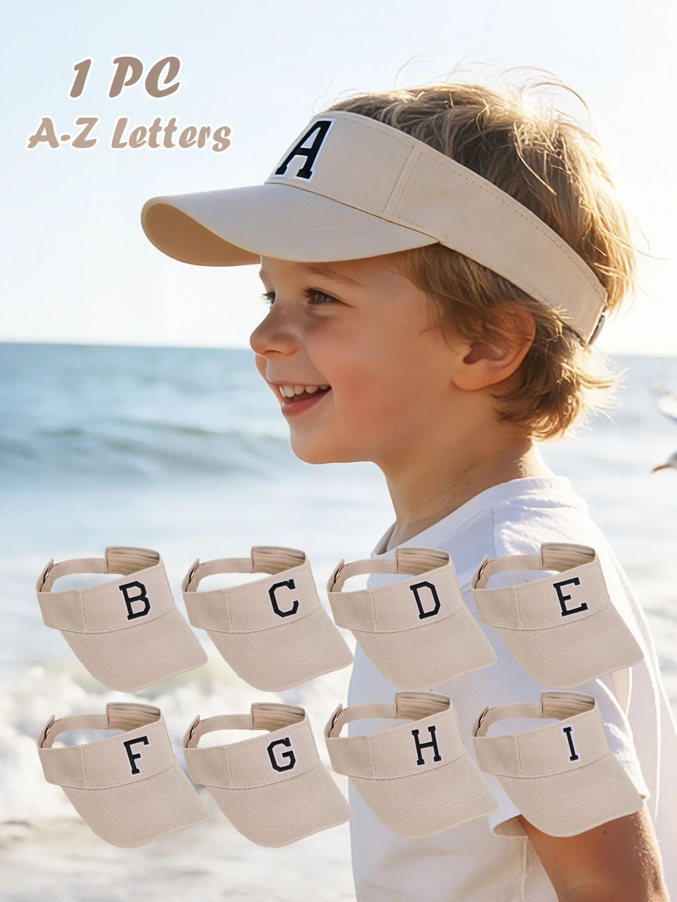 

1 шт. Детская унисекс-кепка с 26 буквами алфавита, бежевая, для детей 3-8 лет, дышащая спортивная кепка для лета, весны, пляжа, гольфа, тенниса, активного отдыха на природе