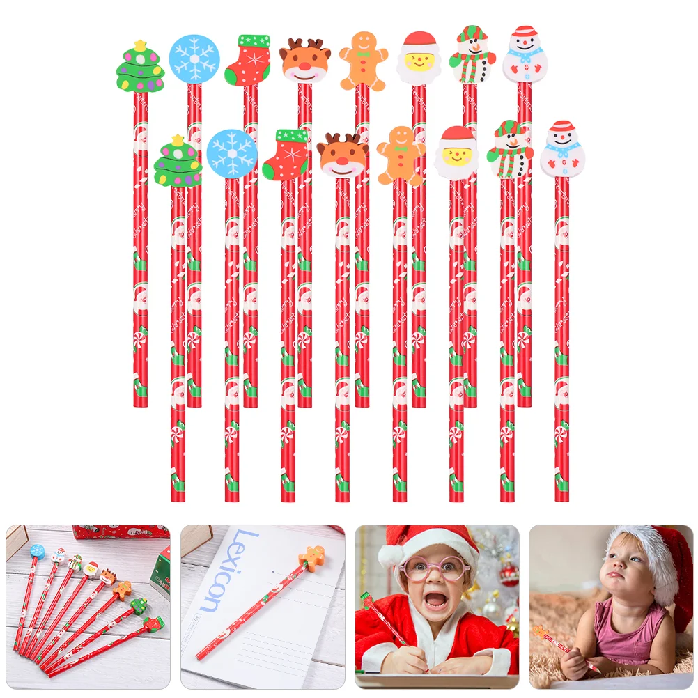 24pcs Christmas Pencils Wood Pencils Xmas Eraser Pencils Christmas Stationery Pencil sketch pencils multi-function pencils