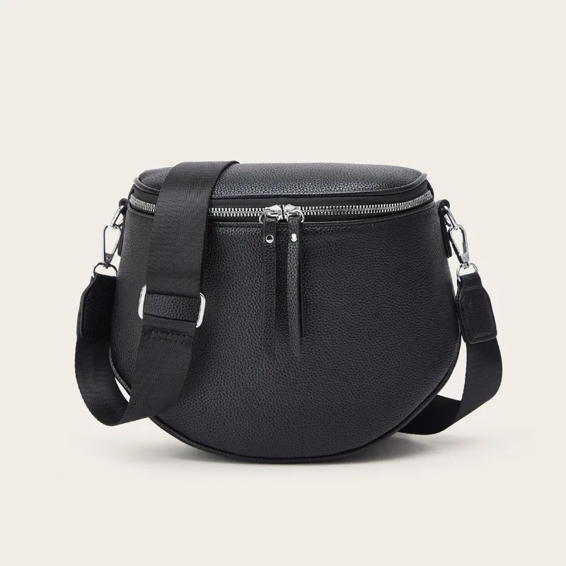 

2025 Autumn Vintage Lychee Pattern Women's Crossbody Bag Female Solid Color Saddle Bag Wide Shoulder Strap Single Chest Bag