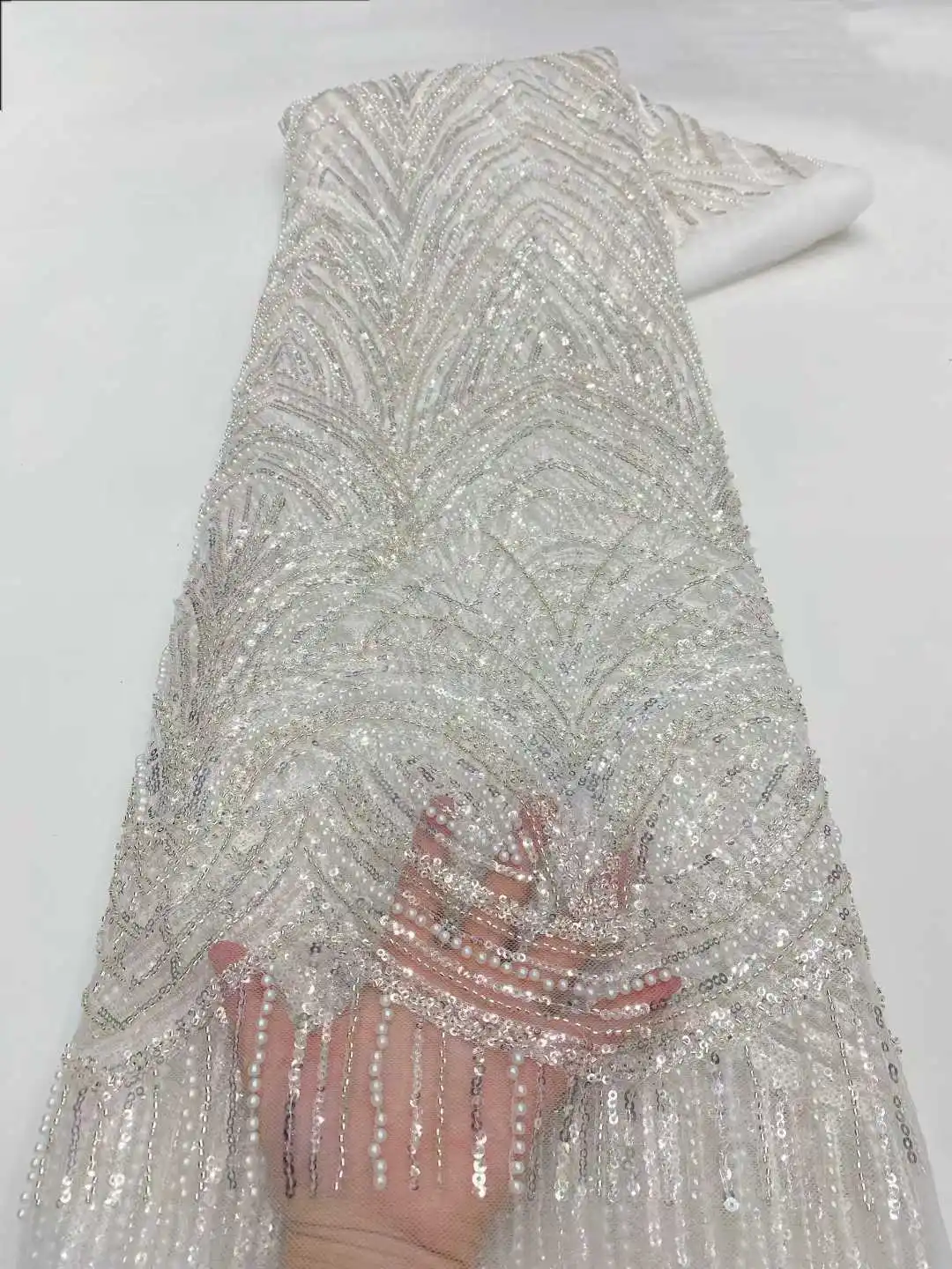 Hot Sale New 2025 Tulle Lace Fabric With Beads Sequins African Nigerian French for High End Wedding Party Bride Sewing Dresses