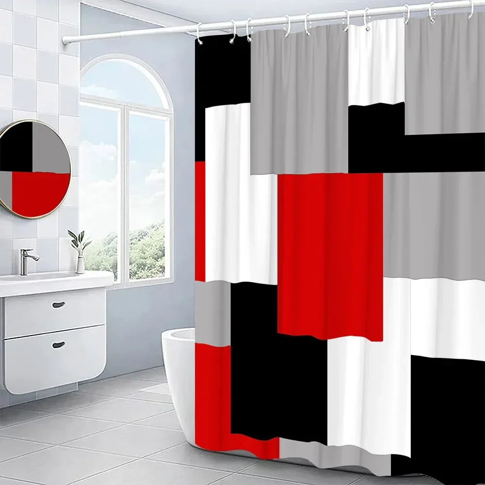 Modern 3D Geometry Shower Curtains Set Red Orange Grey Yellow Lattice Fabric Bathroom Accessories Black and Gray Bath Curtains