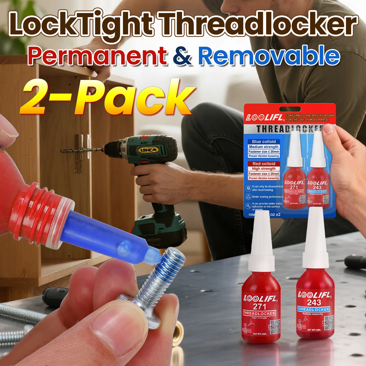 Colla per viti, fissaggio a vite, colla anaerobica, resistenza elevata e resistenza alle alte temperature, resistenza all'olio caldo, staccabile.