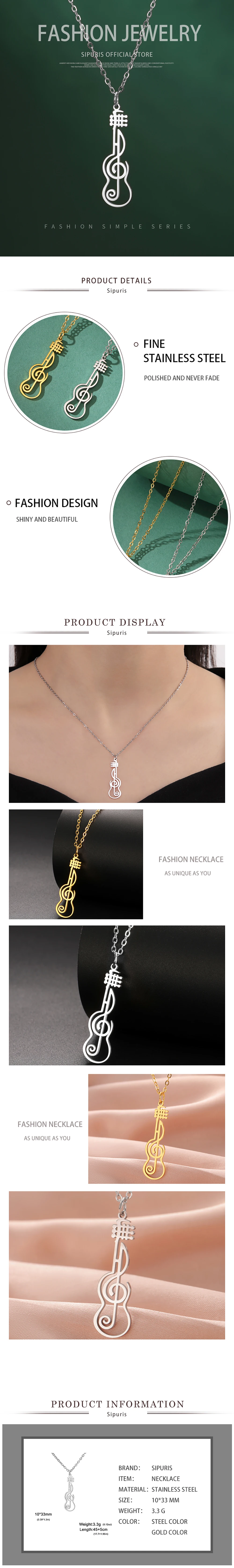 Sipuris Musiknoten-Halskette für Frauen aus Edelstahl, Modischer Violinsymbol-Anhänger, Schmuck-Accessoire, Geschenk – Detail 5
