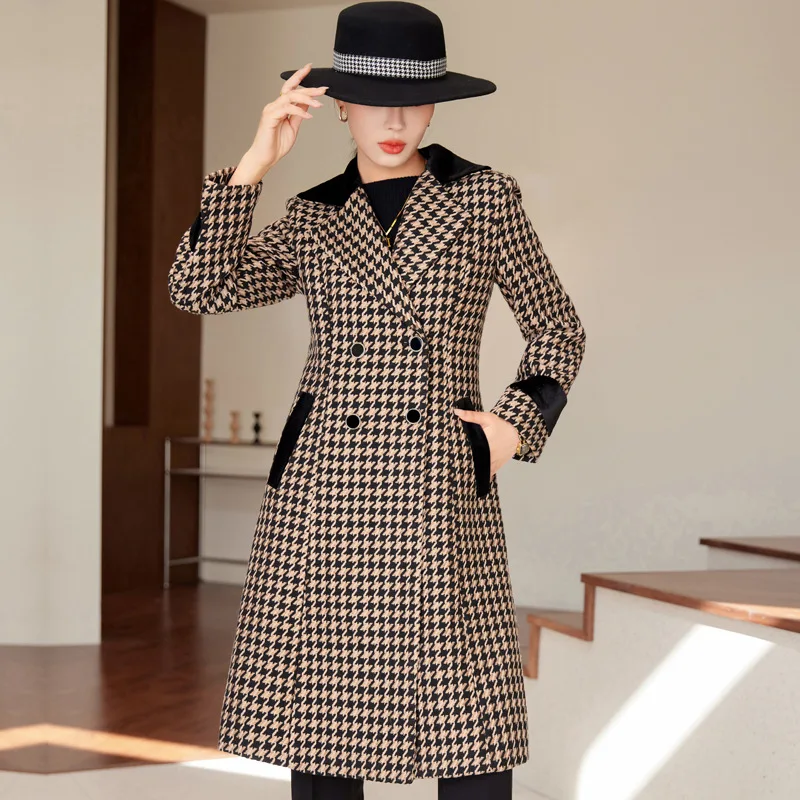 High quality wool blend long trench coat for women double breasted new winter 2024 elegant clothes - black beige plaid