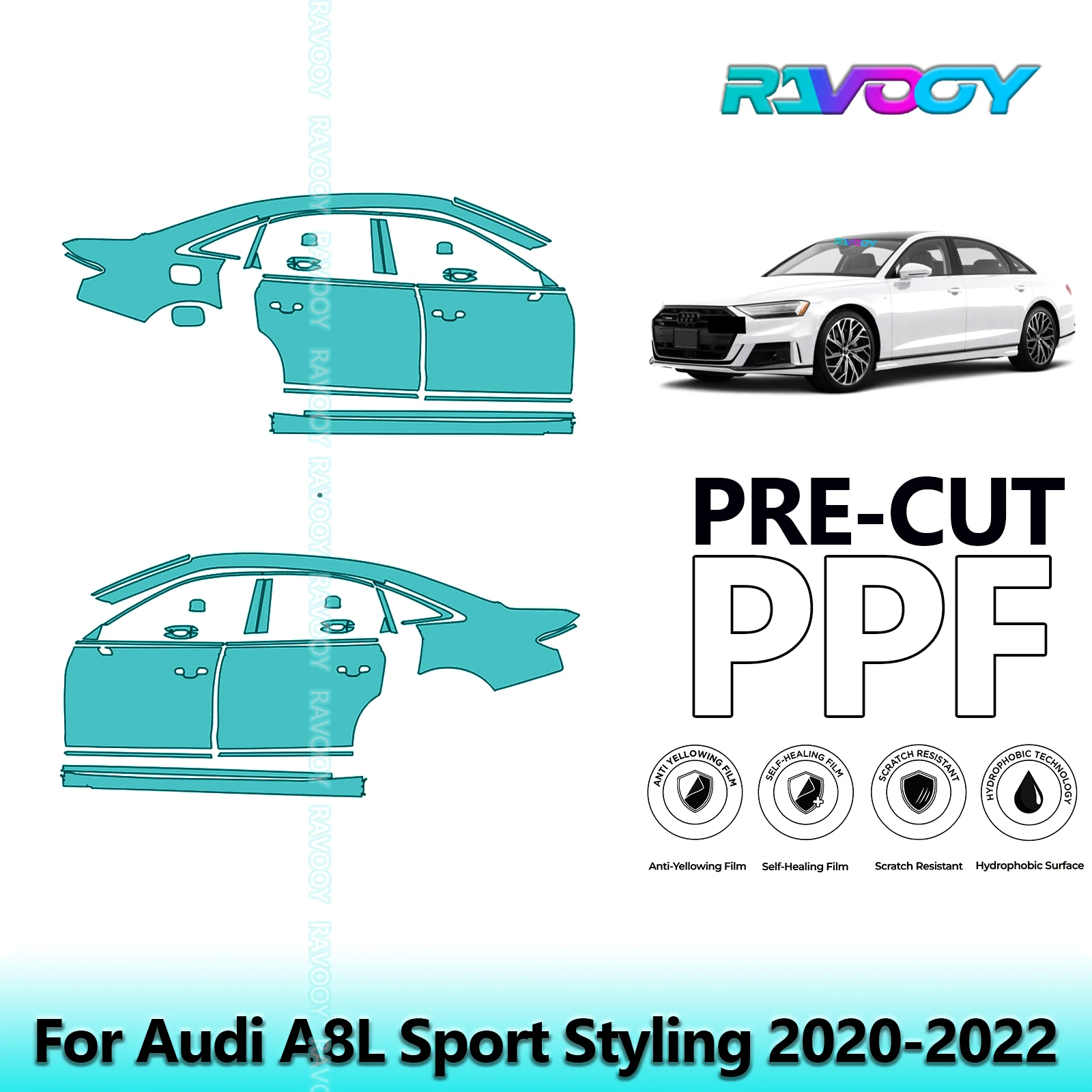 

For Audi A8L Sport Styling 2020-2022 8.5mil Clear Matte Pre-Cut PPF Door & A/B Pillar Kit TPU Paint Protection Film Set
