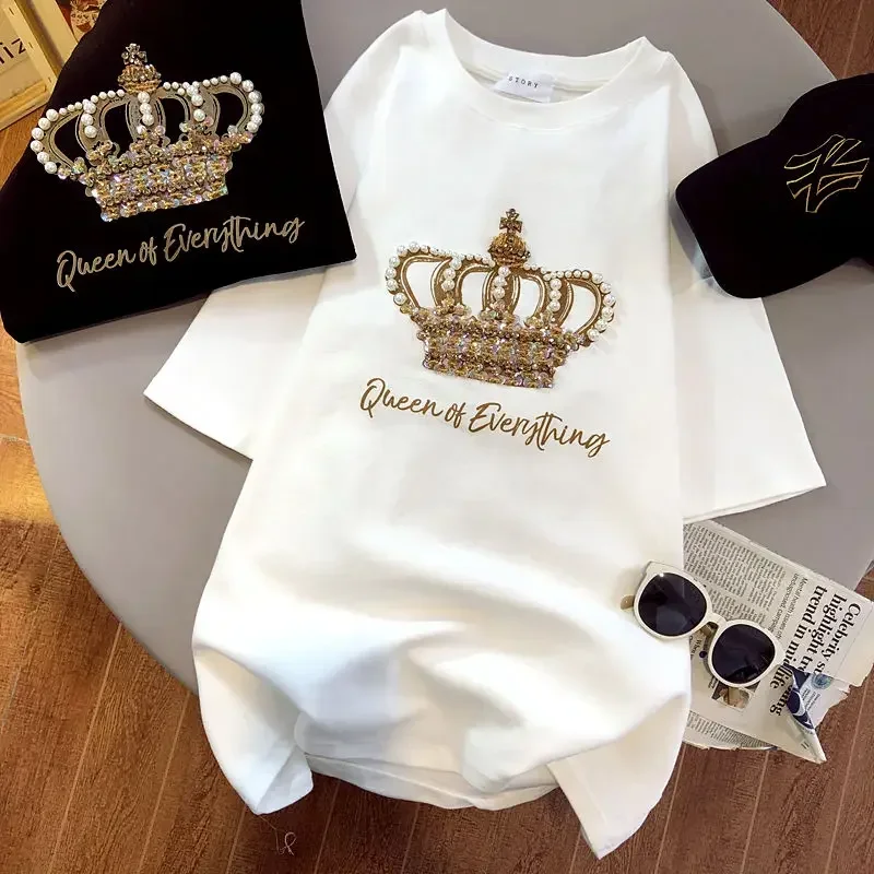 

Summer T Shirt for Women Cotton Letter Hot Drill Oversized Clothes Loose Short Sleeved Top Luxury Designer Graphic Tees Female