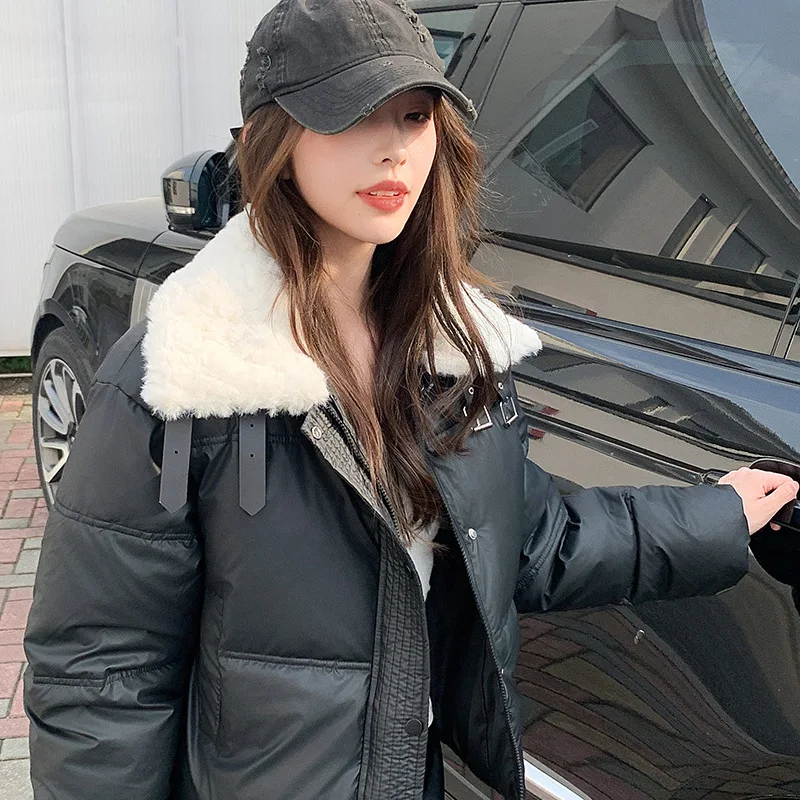 Parkas Jackets Women Solid Short Coats Zipper Pocket Turn Down Wool Collar Long Sleeves Thick Office Lady Casual 2025 Winter