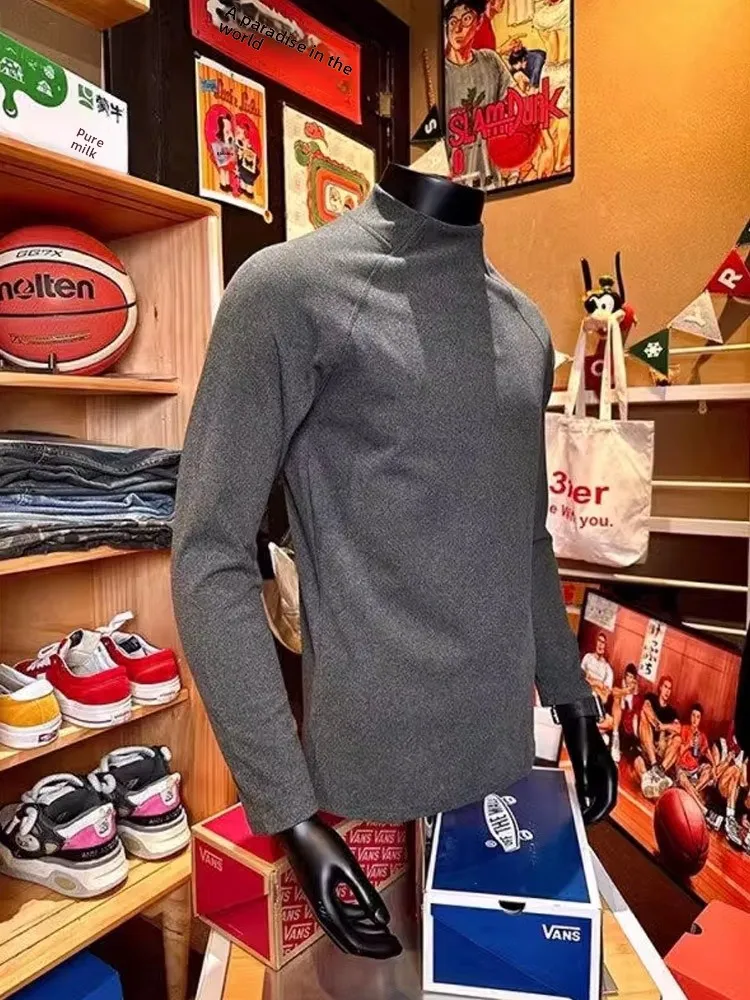 Kaus Dasar Lengan Panjang Slim Fit Pria Kerah Tinggi Dua Sisi Kaus Pakaian Olahraga Luar Ruangan Fitn Latihan Fce