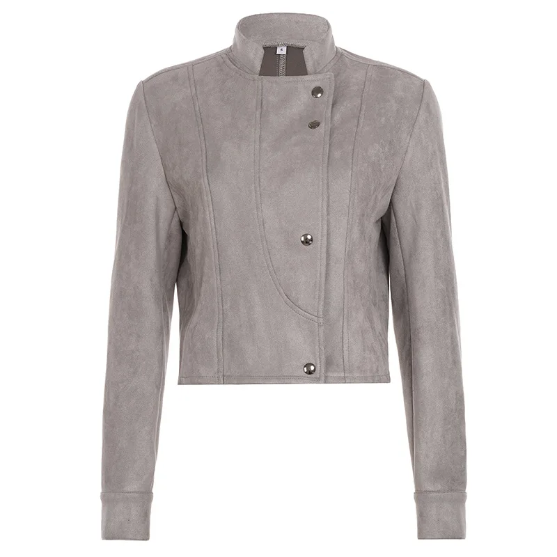 

Новая милая крутая красивая серая замшевая мотоциклетная куртка, женская утягивающая короткая куртка с воротником-стойкой для пикантных девушек