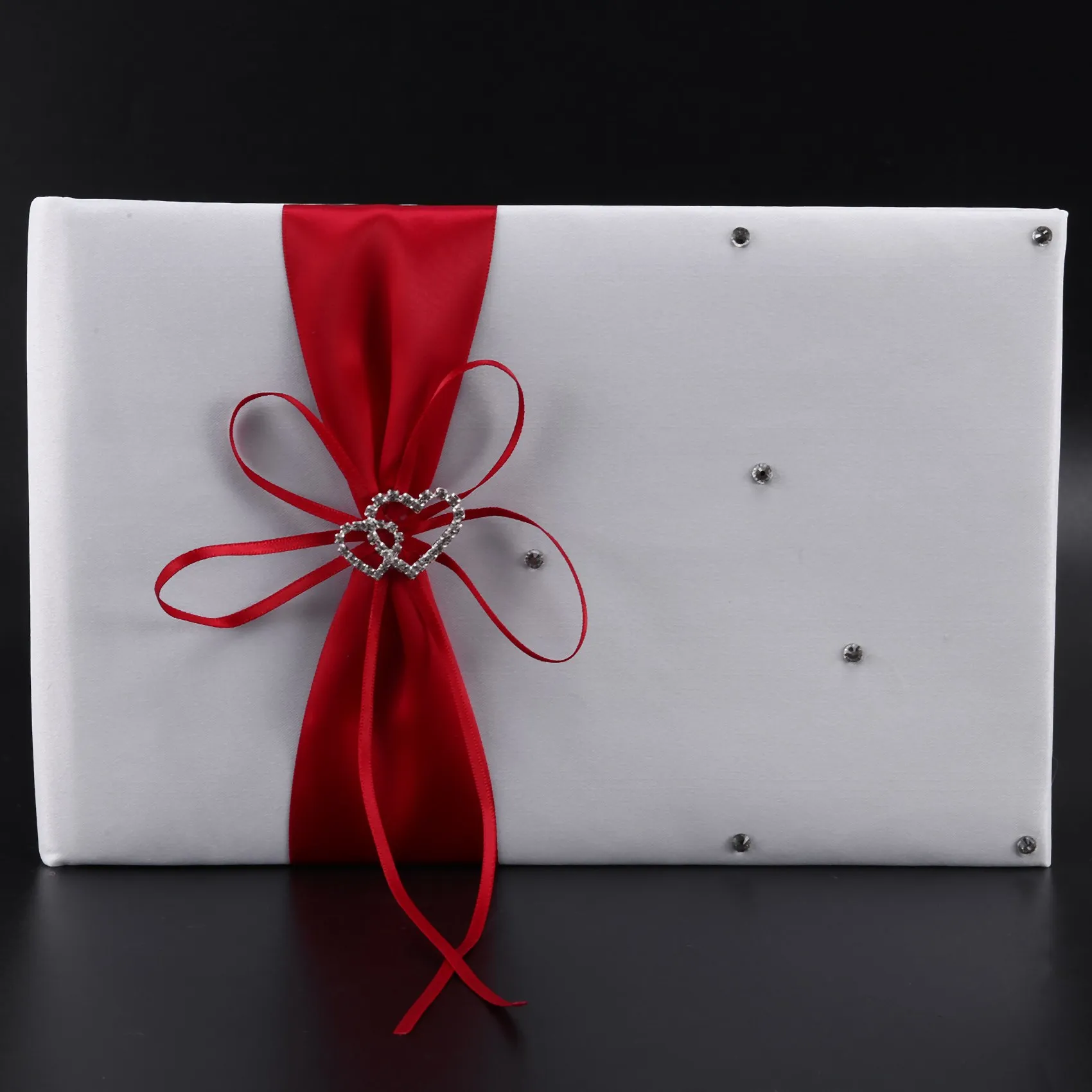 Wedding Guest Book With Pen Holder Sets Satin Bows Signature Book With Diamonds Love Shape For Party Decorations-Red+White