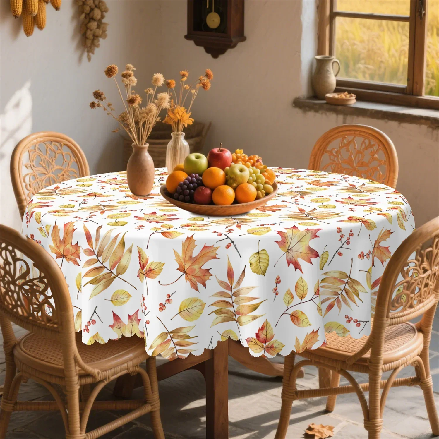 Orange, yellow, red autumn leaves, berry-striped, pumpkin, washable tablecloth - Farmhouse Thanksgiving yzb