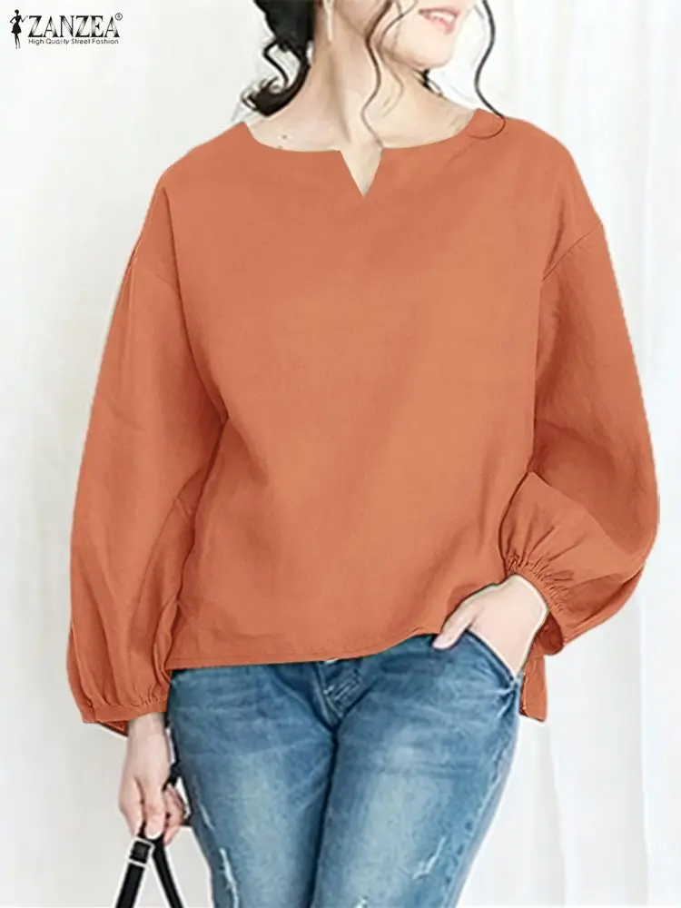 

ZANZEA 2022, женская осенняя блузка, стильная офисная рубашка, повседневная однотонная рубашка с v-образным вырезом и длинными рукавами-фонариками, женские элегантные рабочие блузки